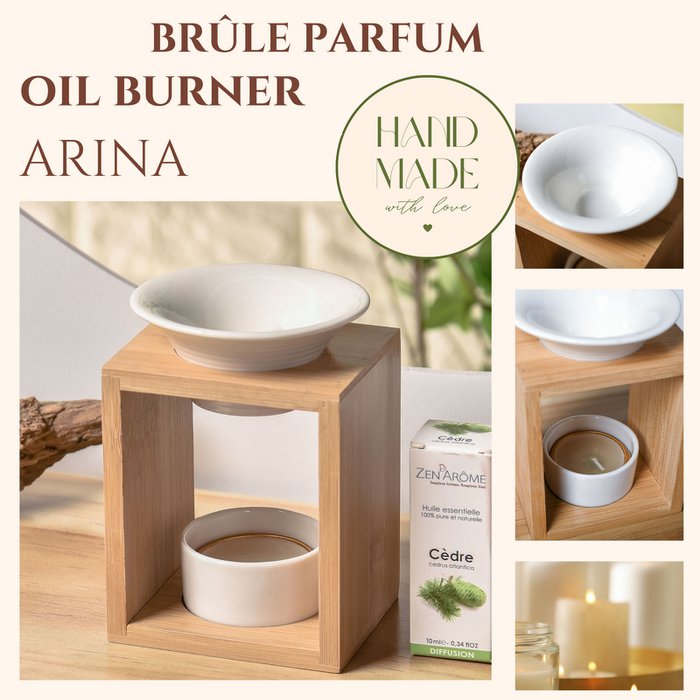 Parfumbrander Naturea-serie – Arina - geurkaarssmeltbrander – etherische olie en huisgeurverspreider – bamboe en keramiek aromatherapie kandelaar - Afbeelding 2