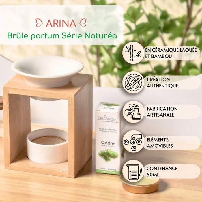Parfumbrander Naturea-serie – Arina - geurkaarssmeltbrander – etherische olie en huisgeurverspreider – bamboe en keramiek aromatherapie kandelaar - Afbeelding 3